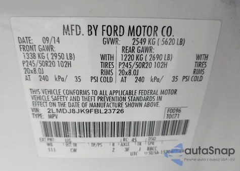 2015 Lincoln Mkx z USA, uszkodzony, nr VIN 2LMDJ8JK9FBL23726